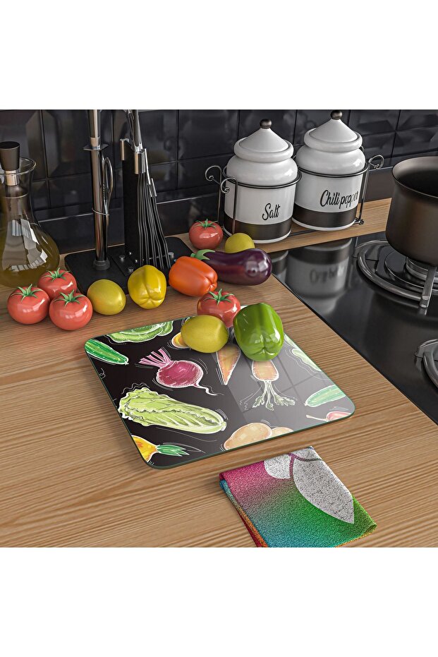 لوح تقطيع زجاجي مربع بنمط الخضار - 6