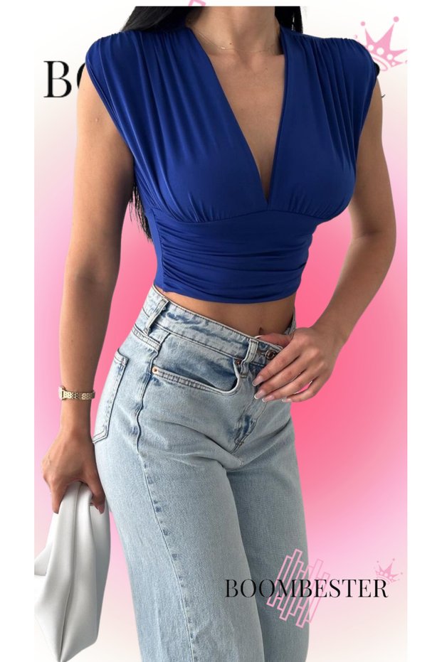 Sandy Blue Crop Blouse - Deep V-Neck and Corsage Detail