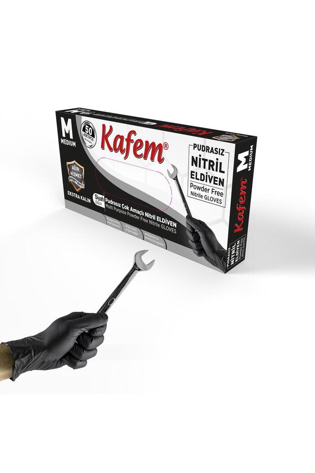 Siyah Nitril Eldiven Pudrasız Ekstra Kalın (M) 50 Lİ - 1