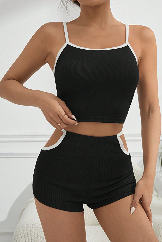 Kadın Siyah Beyaz Şortlu Cut-Out Detaylı Gecelik Takımı - 5