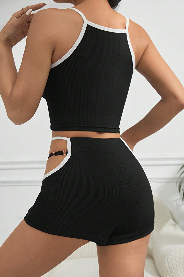 Kadın Siyah Beyaz Şortlu Cut-Out Detaylı Gecelik Takımı - 4