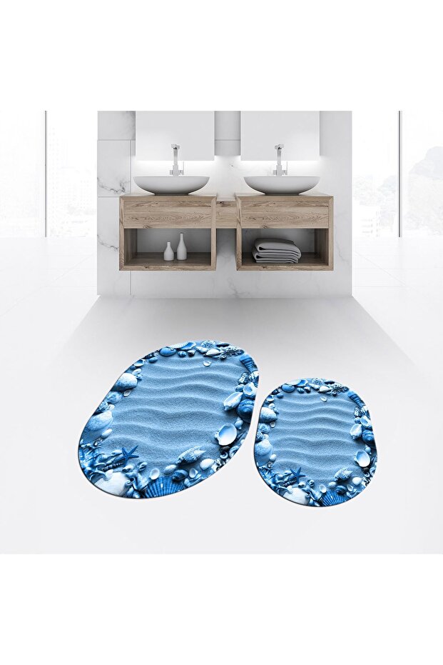 Digital Printed Non-Slip Base Washable Oval Double Bathroom Mat Toilet Seat Set, V-O-KLOZET-47-BLUE,