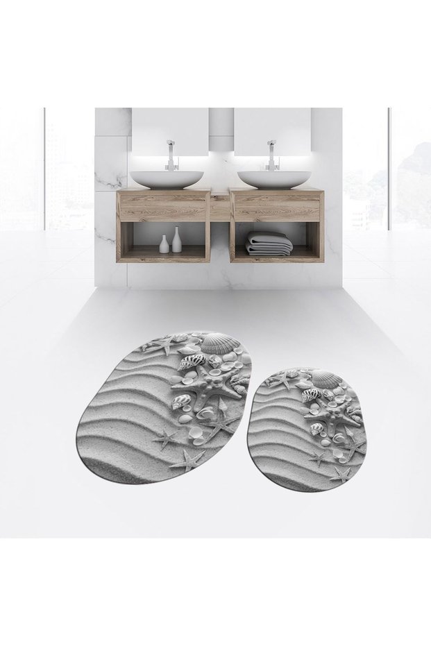 Digital Printed Non-Slip Base Washable Oval Double Bathroom Mat Toilet Seat Set, V-O-KLOZET-48-GRAY,