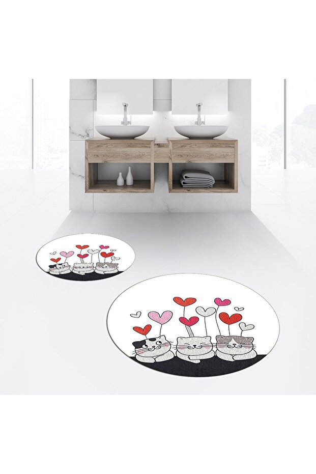 Digital Printed Non-Slip Washable Round Double Bath Mat Toilet Seat Set, V-Y-KLOZET-42-WHITE,