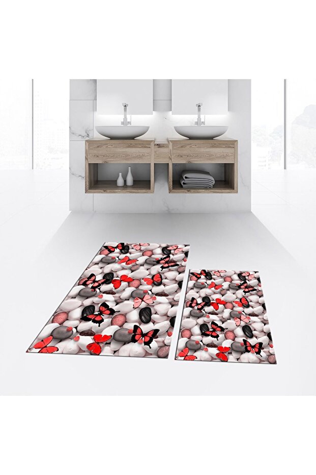 Digital Printed Non-Slip Base Washable Double Bathroom Mat Toilet Seat Set, V-KLOZET-44-RED,