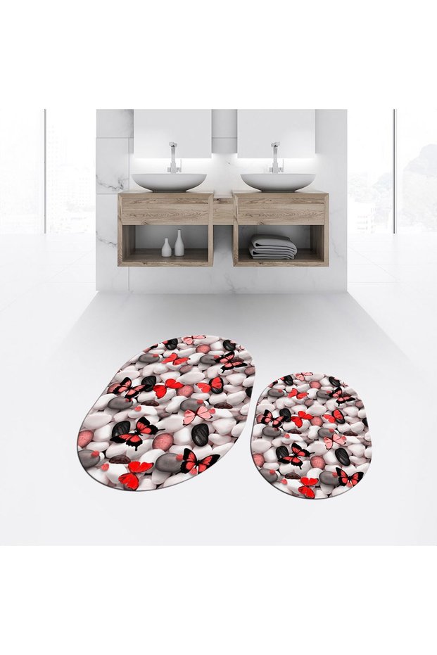 Digital Printed Non-Slip Washable Oval Double Bathroom Mat Toilet Set, V-O-KLOZET-44-RED,