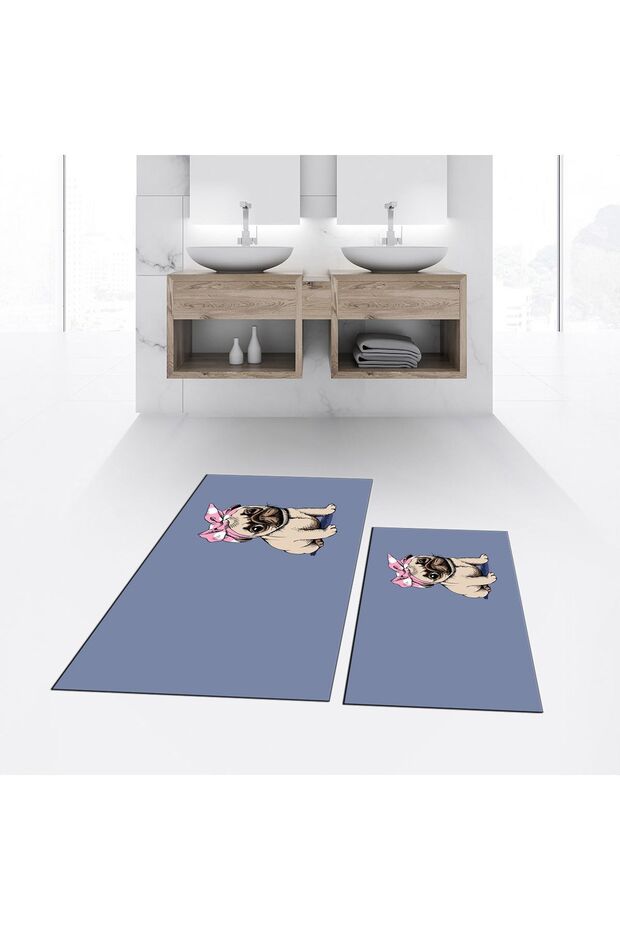 Digital Printed Non-Slip Base Washable Double Bathroom Mat Toilet Set, V-KLOZET-38-BLUE,