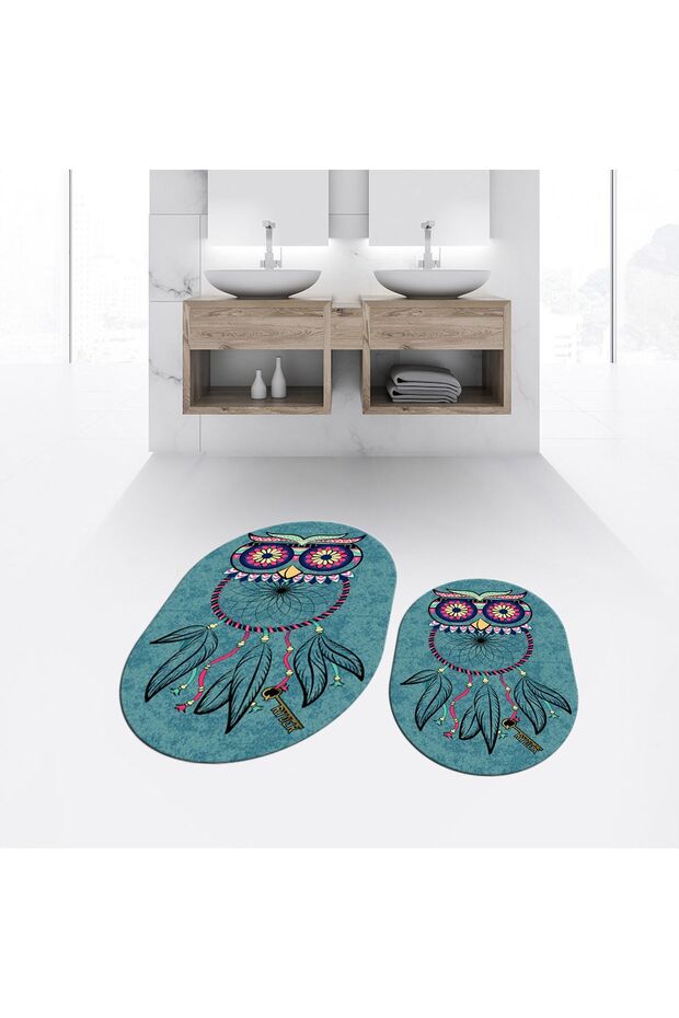 Digital Printed Non-Slip Base Washable Oval Double Bathroom Mat Toilet Seat Set, V-O-KLOZET-35-BLUE,