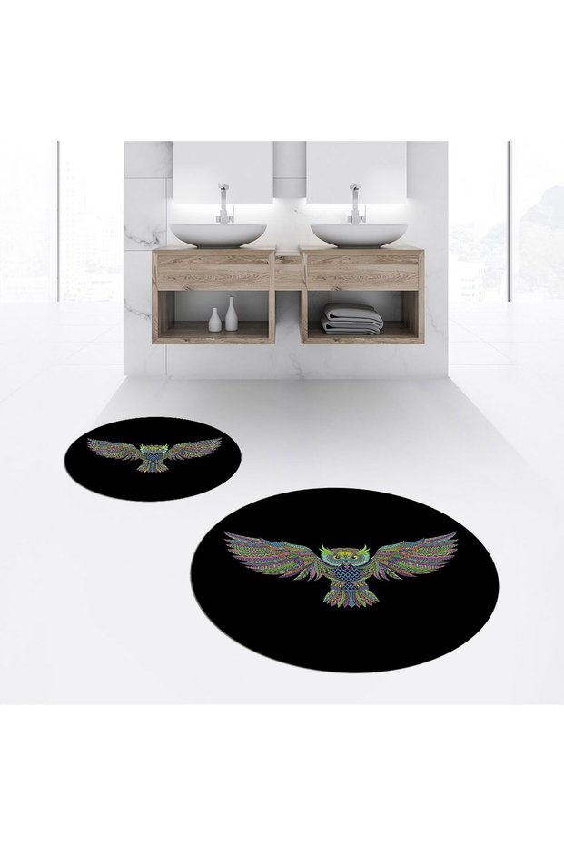 Digital Printed Non-Slip Washable Round Double Bath Mat Toilet Seat Set, V-Y-KLOZET-37-BLACK,