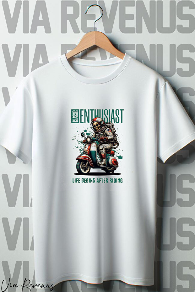Astronaut Biker Printed White Oversized T-Shirt
