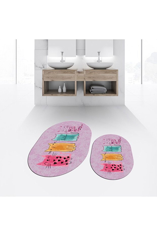 Digital Printed Non-Slip Base Washable Oval Double Bath Mat Toilet Seat Set, V-O-KLOZET-41-PINK,