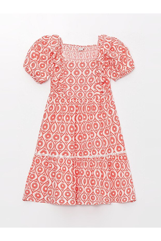 Lcw Kids Square Collar Patterned Short Sleeve Girls Dress (S3)