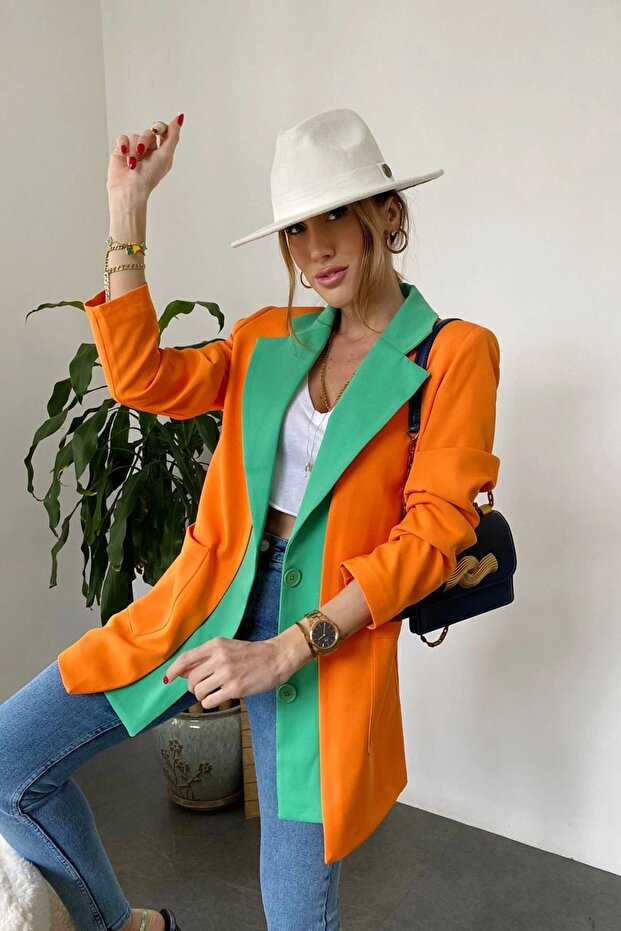 Turuncu Yeşil Tasarım Blazer Ceket - 7