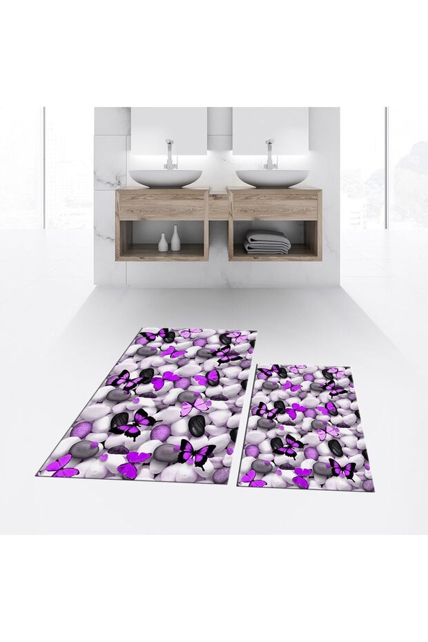 Digital Printed Non-Slip Base Washable Double Bathroom Mat Toilet Set, V-KLOZET-44-PURPLE,