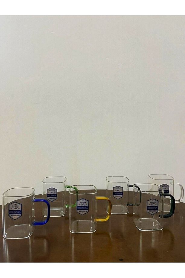 DELISOGA kare ısıya Dayanıklı 6'lı 230 ml Kulplu Cam Bardak Rengarenk kulp 6 adet Cam Kupa - 1