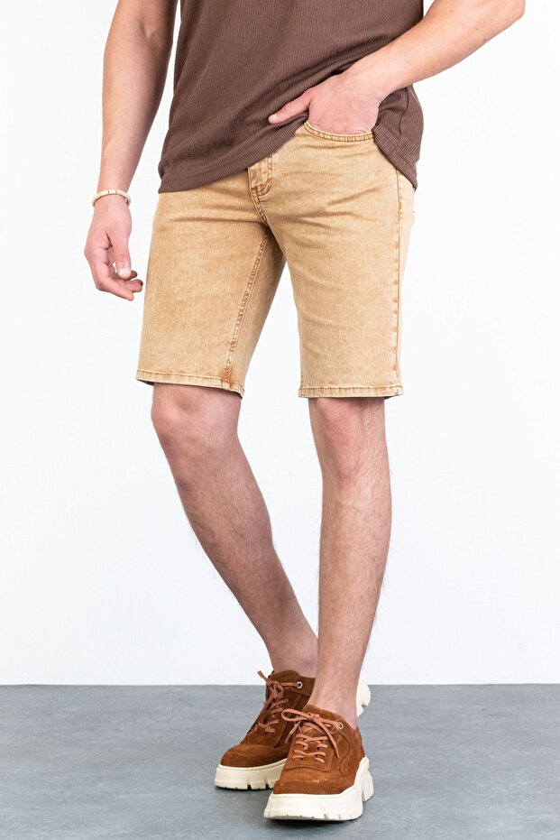 Men's Beige Melange Slim Cut Comfort Lycra Jean Shorts Thomas-Desert