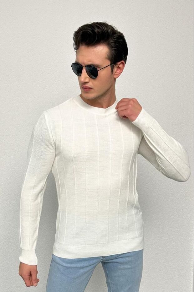 Men's Ecru Standard Fit Normal Cut Crew Neck Patterned Knitwear Sweater HLTHE012121