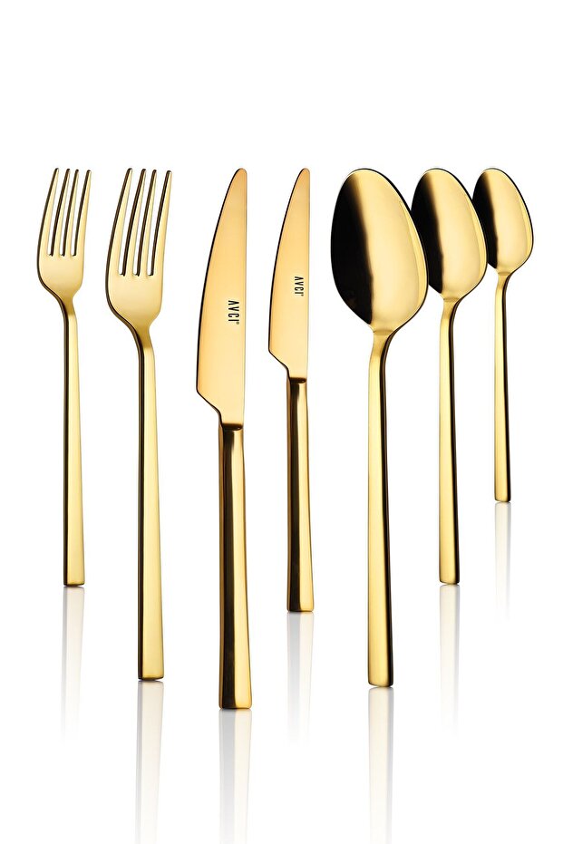 Classy Titanium Shiny Gold 7 Piece Single Person Fork Spoon Knife Set 18/10 Stainless Steel