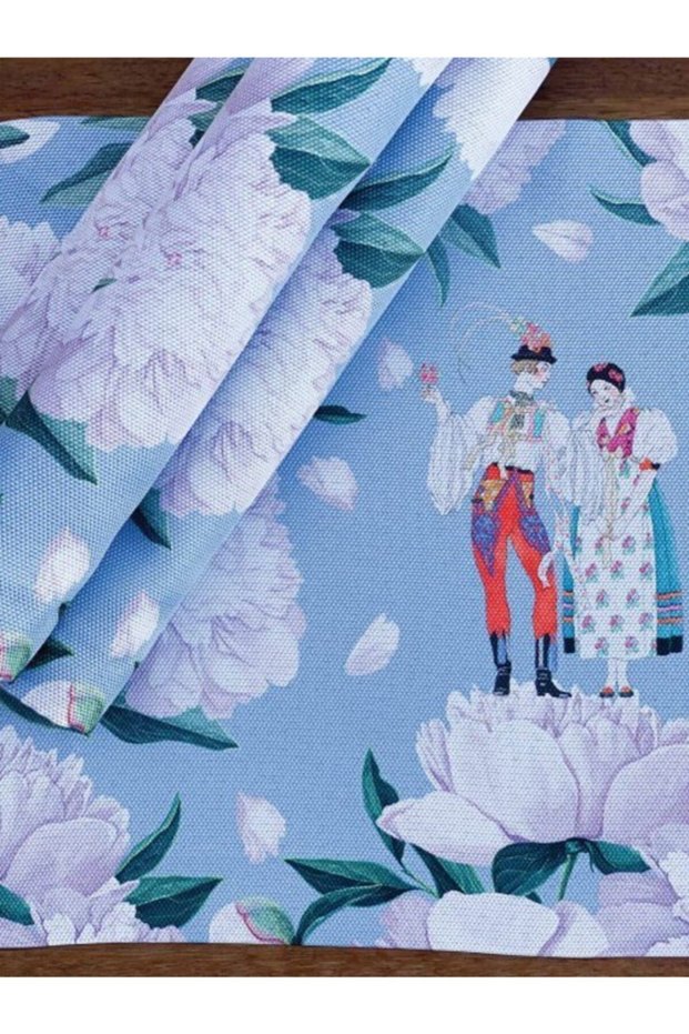 Blue - White Rose Fabric American Service Set of 4 - 35x50 Linen, National Washing and Fading Certificate