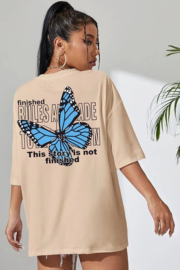 Unisex Beige Back Butterfly Printed T-shirt