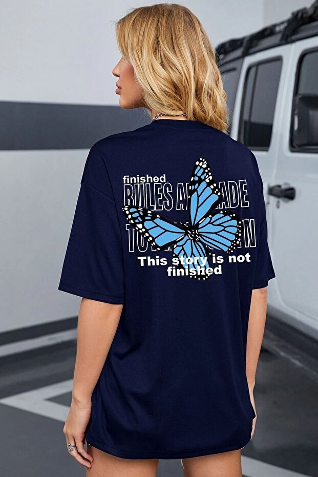 Unisex Navy Blue Back Butterfly Printed T-shirt