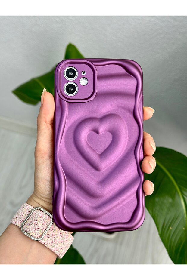 Apple iPhone 11 Compatible 3D Matte Embossed Heart Pattern Anti-Shock Camera Protection Silicone Case - 5
