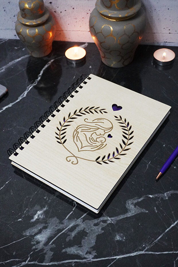 Mother Baby Themed Wooden Cover Notebook - Unlined Notebook - Daily Journal - A5 Memory Notebook