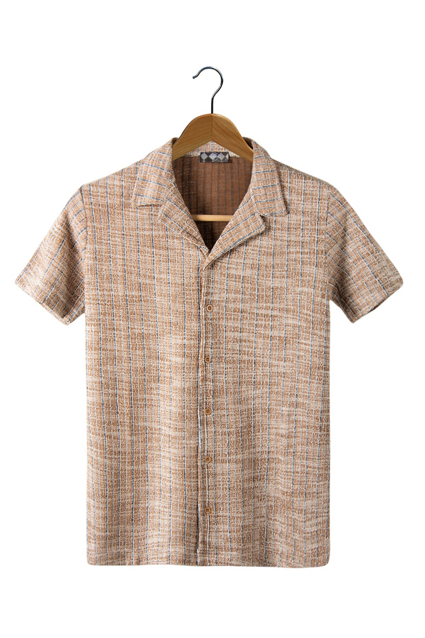 Men's Beige Short Sleeve Slim Fit Striped Patterned Cotton Summer Shirt