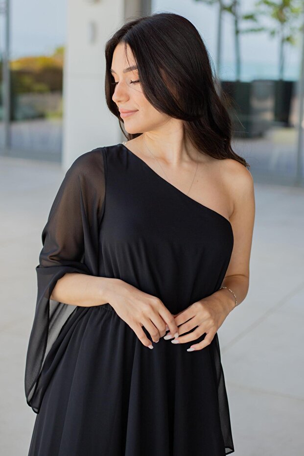 Siyah Tek Kol Kısa Abiye Elbise - 2