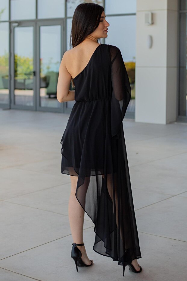 Siyah Tek Kol Kısa Abiye Elbise - 5