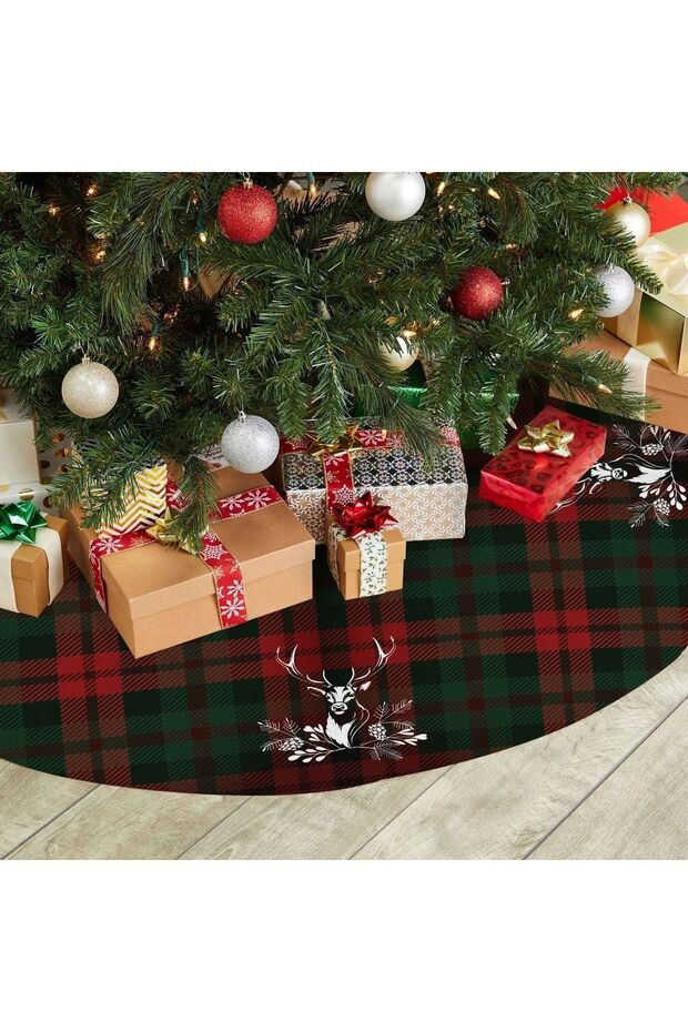 Adahome Christmas Themed Tartan Deer Pine Tree Skirt