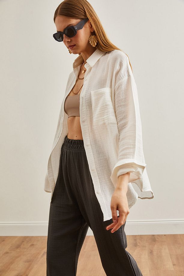 Kadın Ekru Oversize Basic Müslin Gömlek GML-19001217 - 4