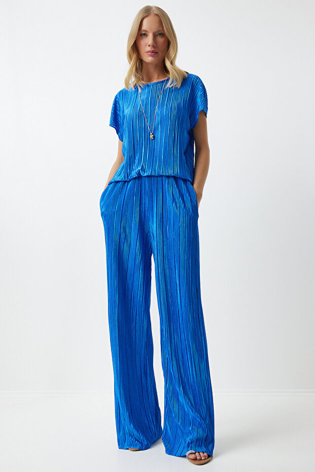 Women's Blue Pleated Casual Blouse Pants Suit Mc00283