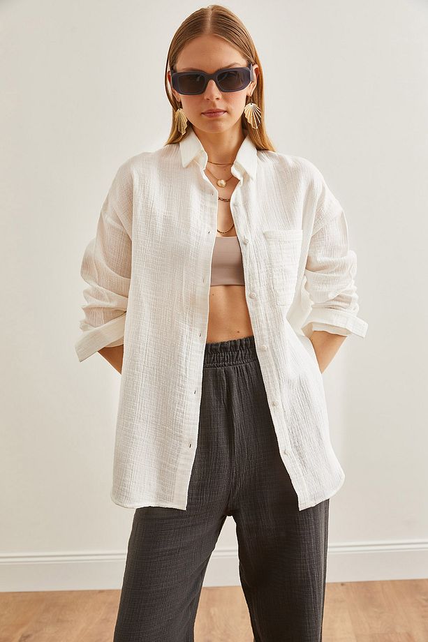 Kadın Ekru Oversize Basic Müslin Gömlek GML-19001217 - 1
