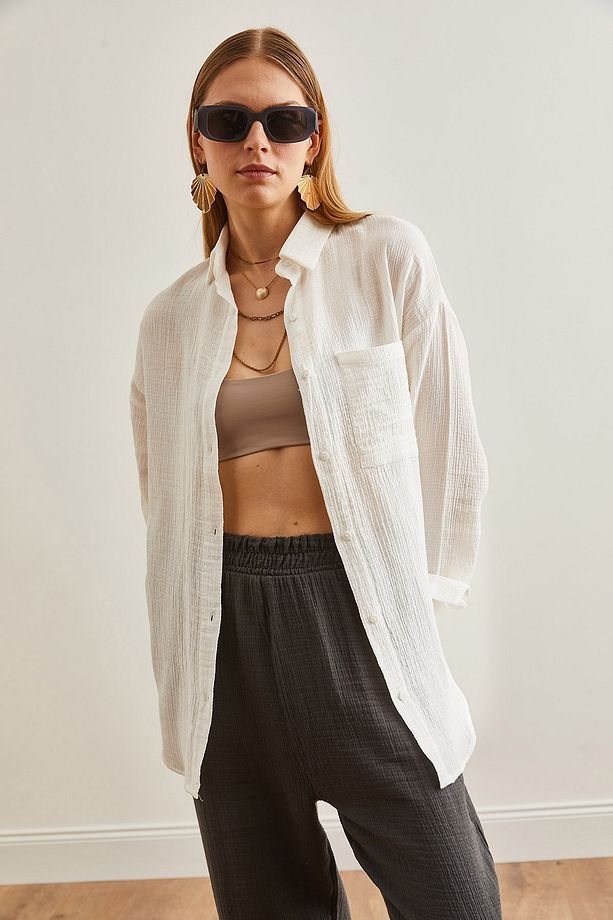 Kadın Ekru Oversize Basic Müslin Gömlek GML-19001217 - 5