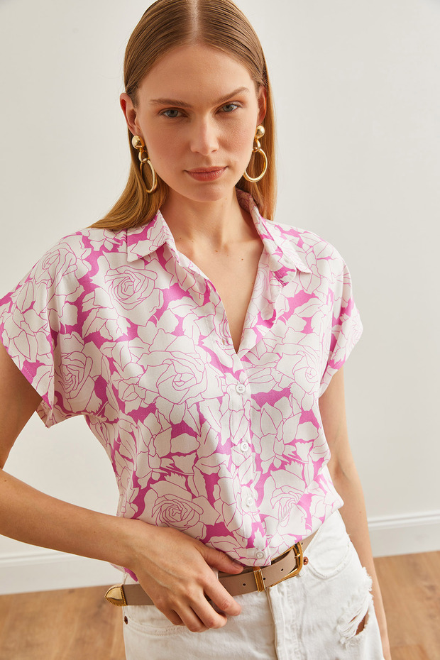 Women's White Pink Rose Print Flowy Bat Shirt Gml- 19001218