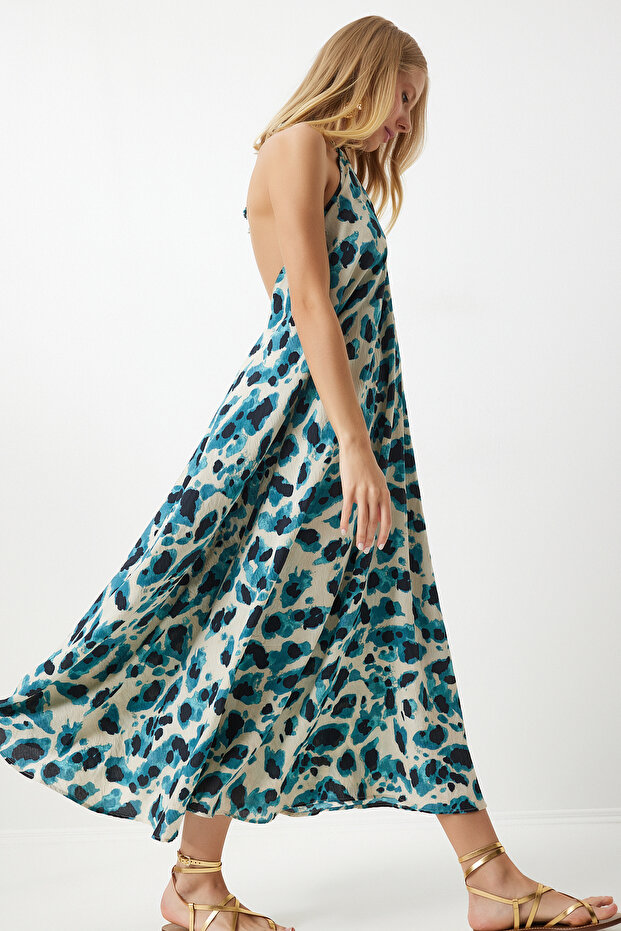 Women's Blue Cream Halter Neckline Print Woven Dress Dp00203