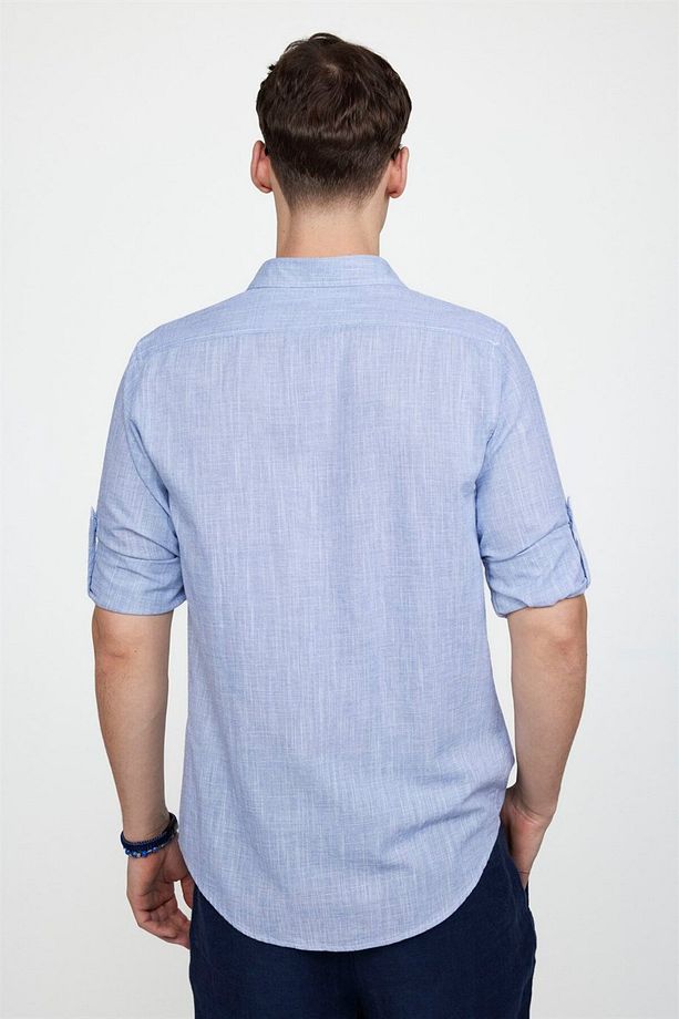 Erkek Slim Fit Dar Kesim Uzun Kollu %100 Pamuk Keten Doku Apoletli Sax Mavi Gömlek - 4
