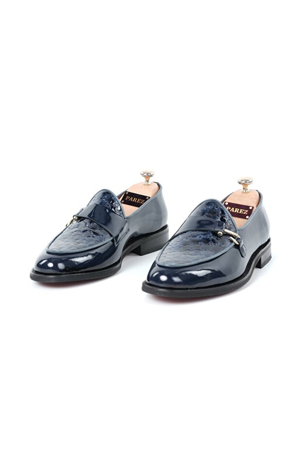 Italian Style Inner Outer Patent Leather Men's Gold Buckle Patterned Shoes