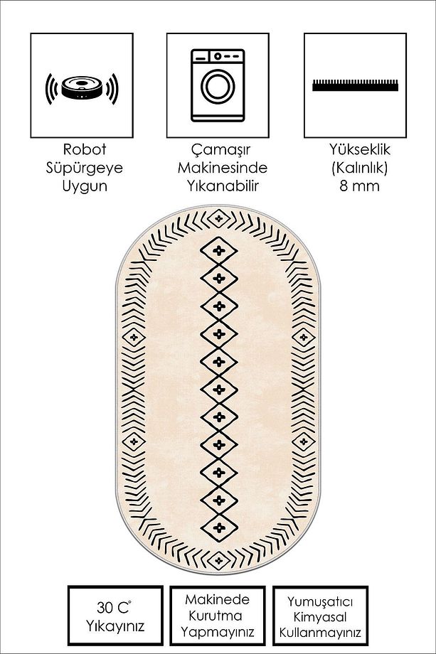 Makinede Yıkanabilir Kaymaz Taban Leke Tutmaz Bej Oval Mutfak Halısı Salon Halısı Ve Yolluk - 2