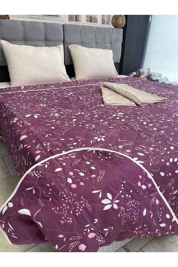 Çift Kişilik Lastikli Çarşaflı Kapitoneli Yatak Örtüsü Takımı Bordo Çiçek Desenli - 3
