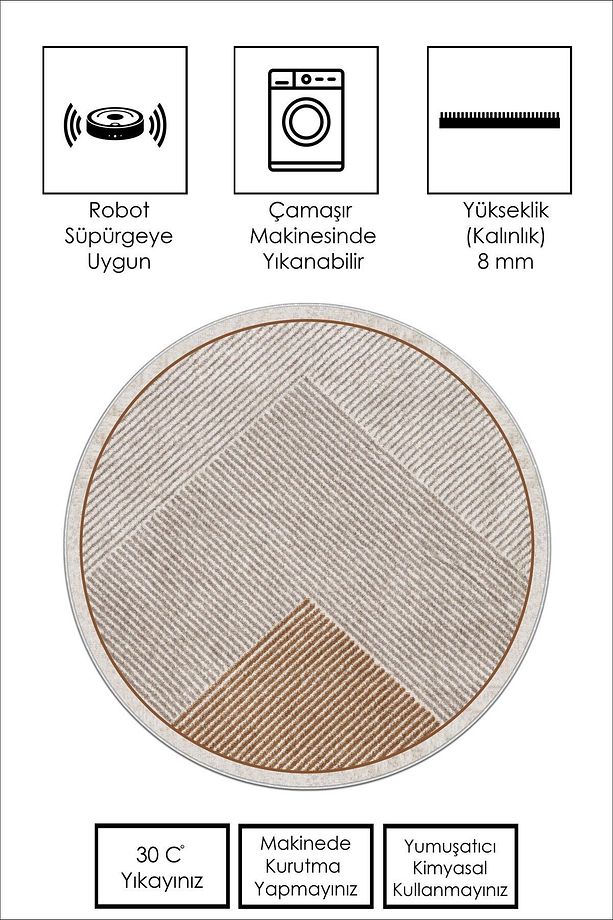 Makinede Yıkanabilir Kaymaz Taban Leke Tutmaz Yuvarlak Salon Halısı ve Mutfak Halısı - 3