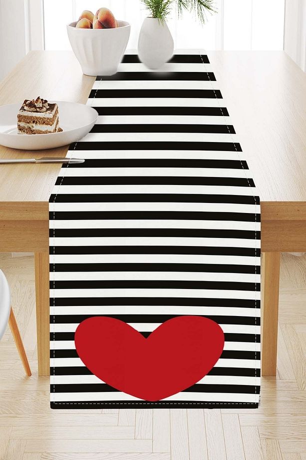 40x140cm Tay Tüyü Süet Dokuma Leke Tutmaz Kumaş Masa Örtüsü Runner Kalpli Rnr123 - 2