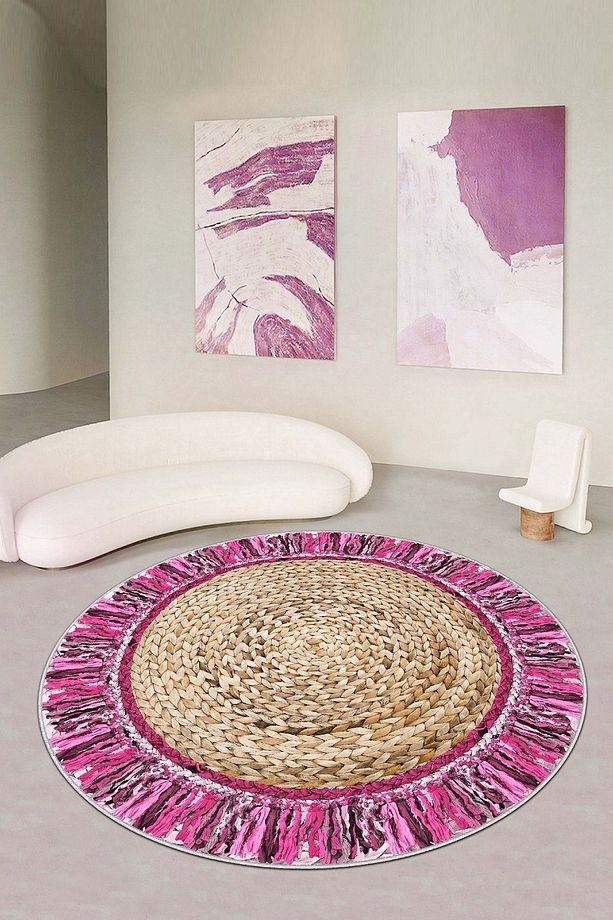 Makinede Yıkanabilir Kaymaz Taban Leke Tutmaz Pembe Yuvarlak Mutfak Halısı Ve Salon Halısı - 1