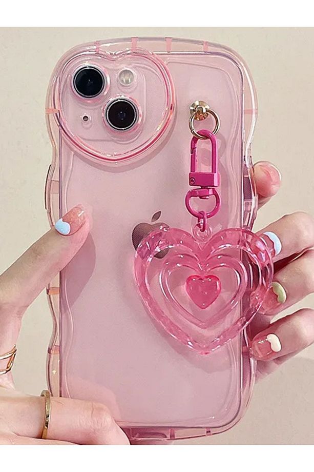 İphone 14 Pembe Zigzag Tasarımlı Silikon Kapak Kalpli Aparatı Ile Daha Şık - 1