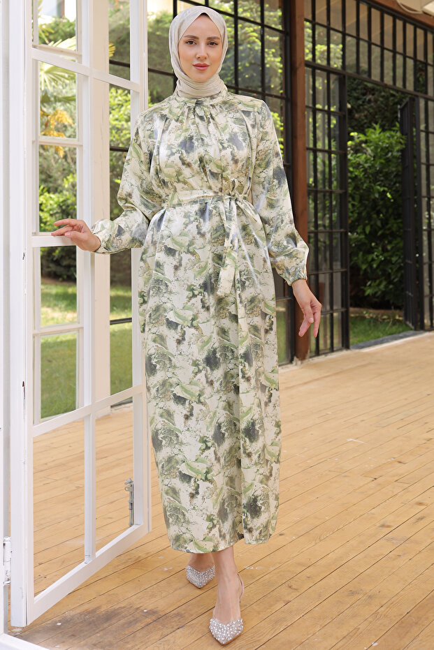 فستان موديل 3993 أخضر منقوش - 1