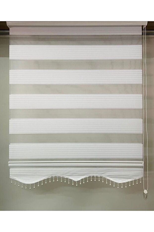 Ekru Boncuklu Pliseli Zebra Stor Perde - 1
