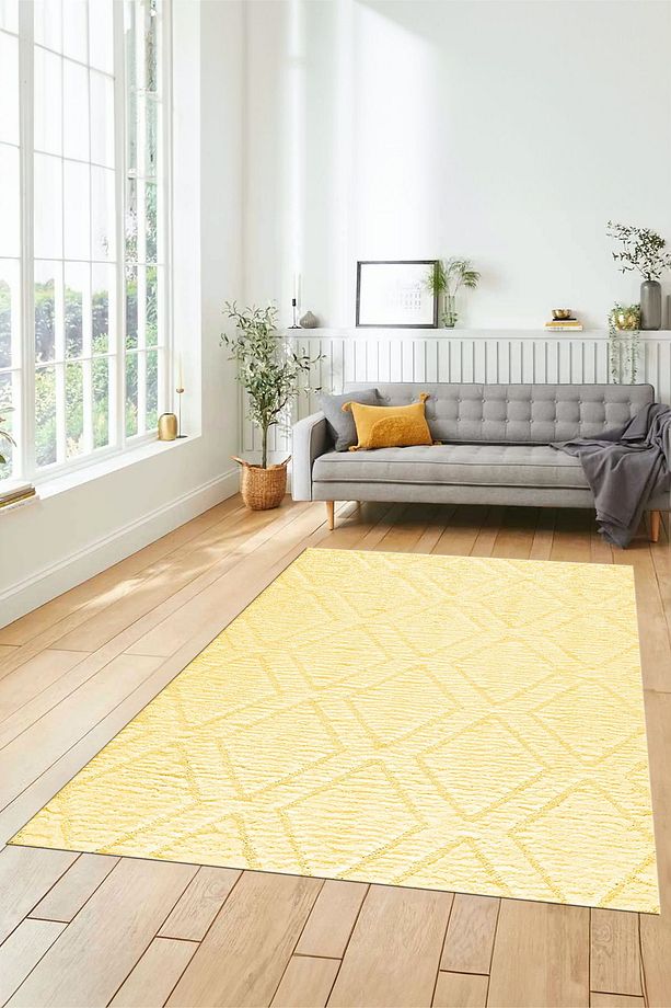 Dijital Baskılı Kaymaz Taban Yıkanabilir Kilim Desen Yolluk Mutfak Salon Halısı, SADE-02-sarı, - 5