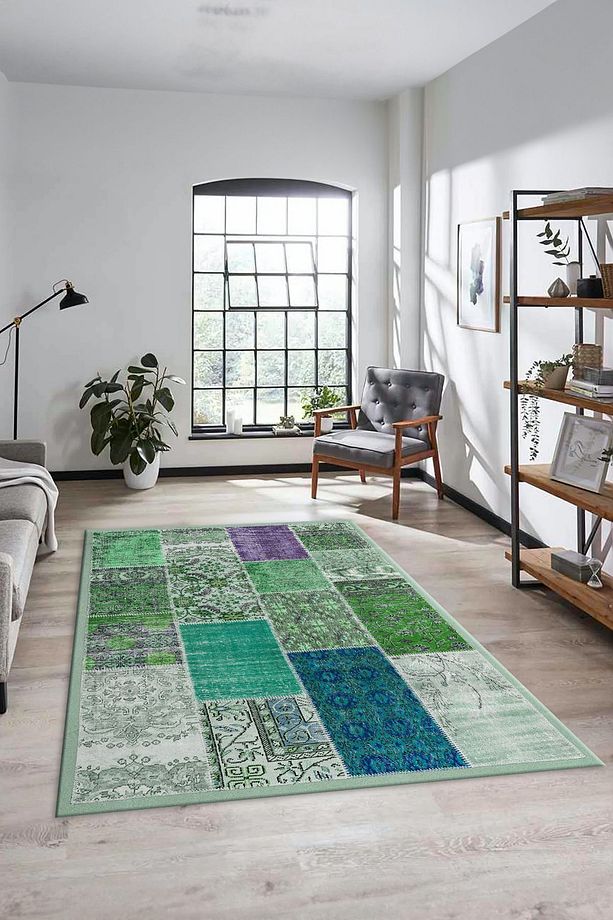 Dijital Kaymaz Taban Yıkanabilir Patchwork Desen Yolluk Mutfak Salon Halısı, PATCHWORK-01-YEŞİL, - 8