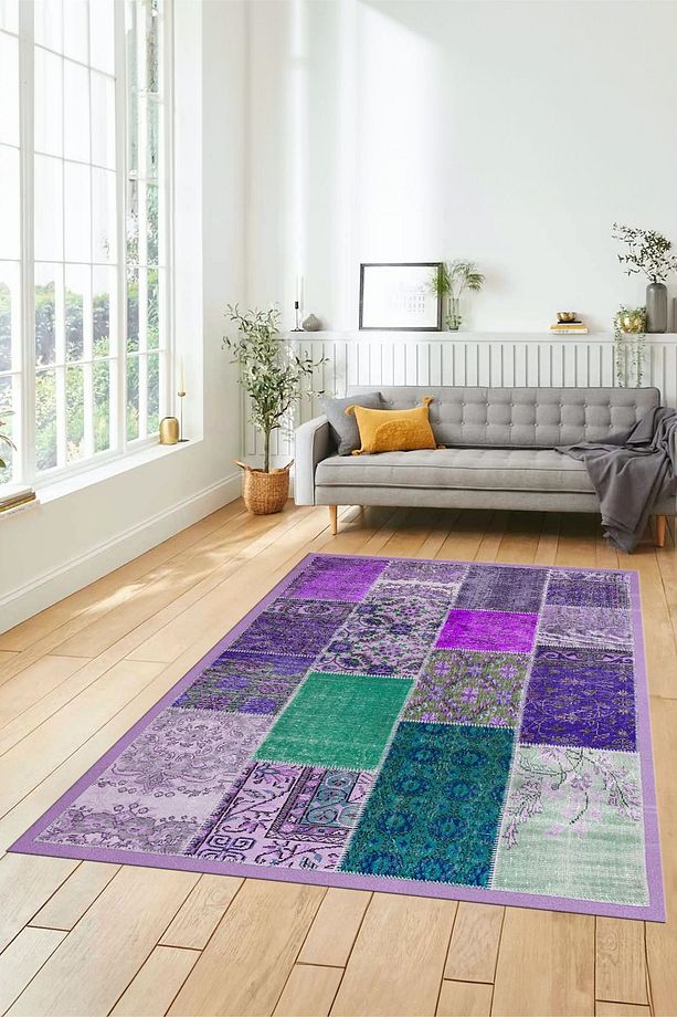 Dijital Kaymaz Taban Yıkanabilir Patchwork Desen Yolluk Mutfak Salon Halısı, PATCHWORK-01-MOR, - 6